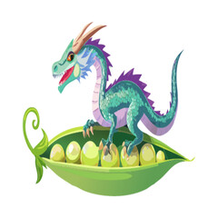 Fototapeta premium Whimsical Dragon Perched on Pea Pod – Fantasy Vector Art for Kids & Creatives.