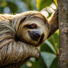 Fototapeta premium A stunning sloth sleeping on the massive branch of an ancient tree