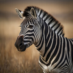 Naklejka premium A majestic zebra, its striking black and white stripes contrasting beautifully against a soft, creamy background, gazing directly into the lens with intense, soulful eyes