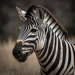 Naklejka premium A majestic zebra, its striking black and white stripes contrasting beautifully against a soft, creamy background, gazing directly into the lens with intense, soulful eyes