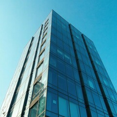 Modern glass high-rise against clear blue sky, architecture, skyscraper, city skyline