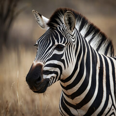 Fototapeta premium A majestic zebra, its striking black and white stripes contrasting beautifully against a soft, creamy background, gazing directly into the lens with intense, soulful eyes