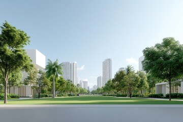 Obraz premium Modern urban landscape featuring tall buildings, lush greenery, and clear blue sky