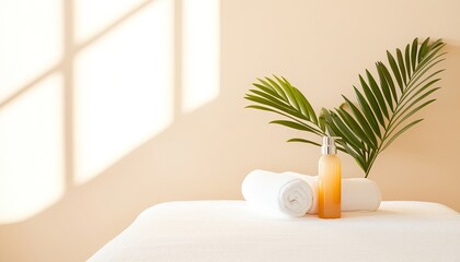 Relaxing spa setting with towels and a palm leaf, showcasing tranquility and wellness ambiance