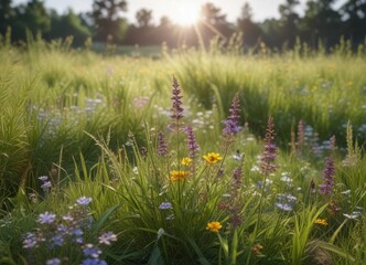 Fototapeta premium Blooming wildflowers in a field of tall grass , organic, meadow