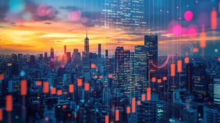Fototapeta premium Vibrant illuminated cityscape at sunset with superimposed stock market charts and data streams, symbolizing economic activity and financial growth