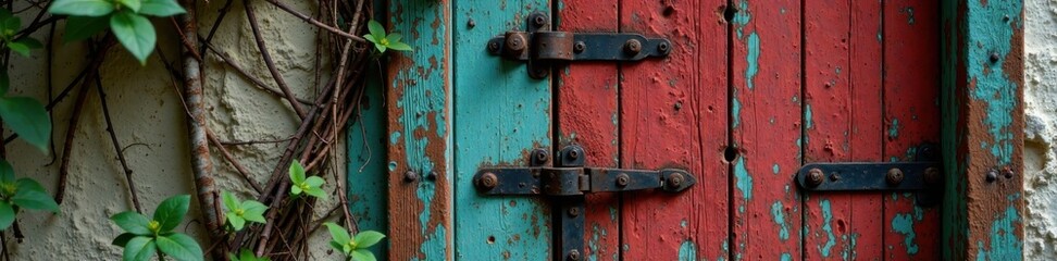 Old wooden door with rusty hinges and vines, old door, nature