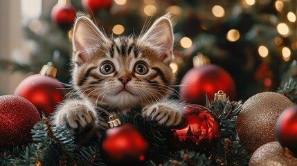 Obraz premium playful kitten with christmas tree decorations baubles and lights