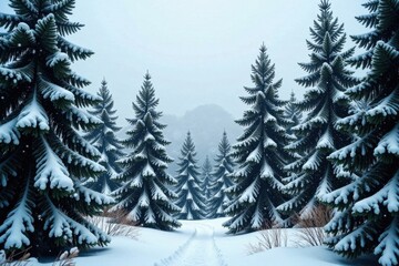 Obraz premium Dense forest of towering evergreen trees with white snowfall, snowfall, forest, nature