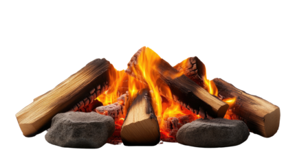 Campfire Blaze: A fiery inferno of crackling logs and glowing embers dances atop a bed of gray rocks, creating a mesmerizing and evocative image of warmth and light. 