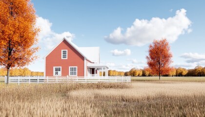 Obraz premium Charming red farmhouse surrounded by golden fields and vibrant autumn trees under a clear sky