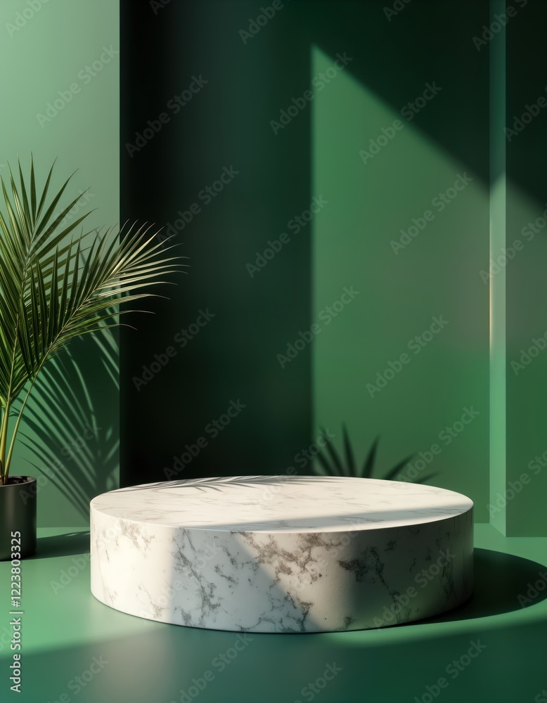 Poster empty round marble pedestal in studio setting. tropical palm leaf casts shadow on green backdrop. na