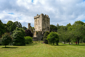 Blarney Castle and Gardens at a distance on a cloudy day in July