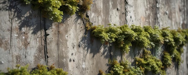 Distressed concrete surface with moss and lichen growth,  rough surface,  weathered stone, concrete decay