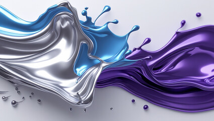 Abstract 3D rendering of silver, light blue and purple liquid splashes.  Dynamic fluid design, perfect for backgrounds, banners, or technology concepts.
