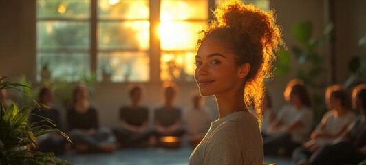 Therapy Group Discussion in Sunlit Room with Woman Leading Conversation