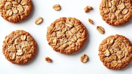 Close-up of Oatmeal Cookies on White Background with Textures and Details