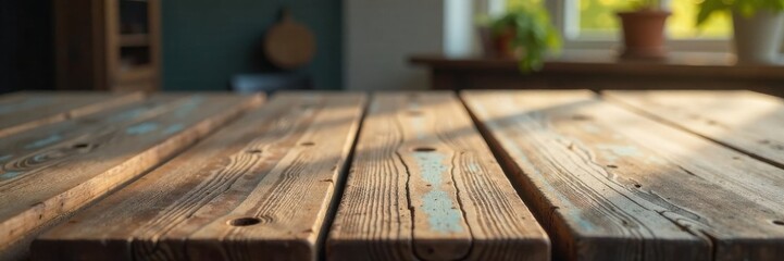 Distressed wooden table in soft focus, light gold, wood, blur