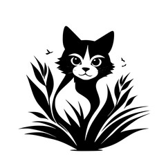 Adorable Black and White Kitten in the Grass: A Charming Pet Silhouette Vector Graphic