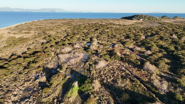 Aerial view of the nature protection Area of Moustos wetland, Peloponnese, Greece