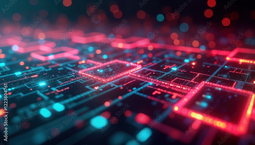 Aufkleber Abstract tech digital circuit lines glow vibrant colors dark background. Neon glitch effect. Complex pattern error. Futuristic design. Innovation concept. Modern design. Electronic data network.