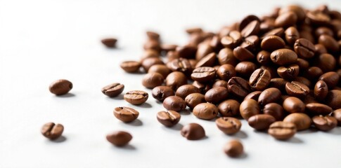 Naklejka premium Richly colored coffee beans scattered on a white surface , coffee beans, beans, brown colors