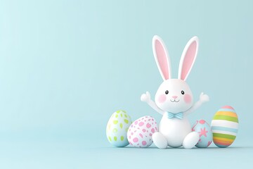 Fototapeta premium Cute cartoon bunny celebrating Easter with colorful eggs on a pastel blue background