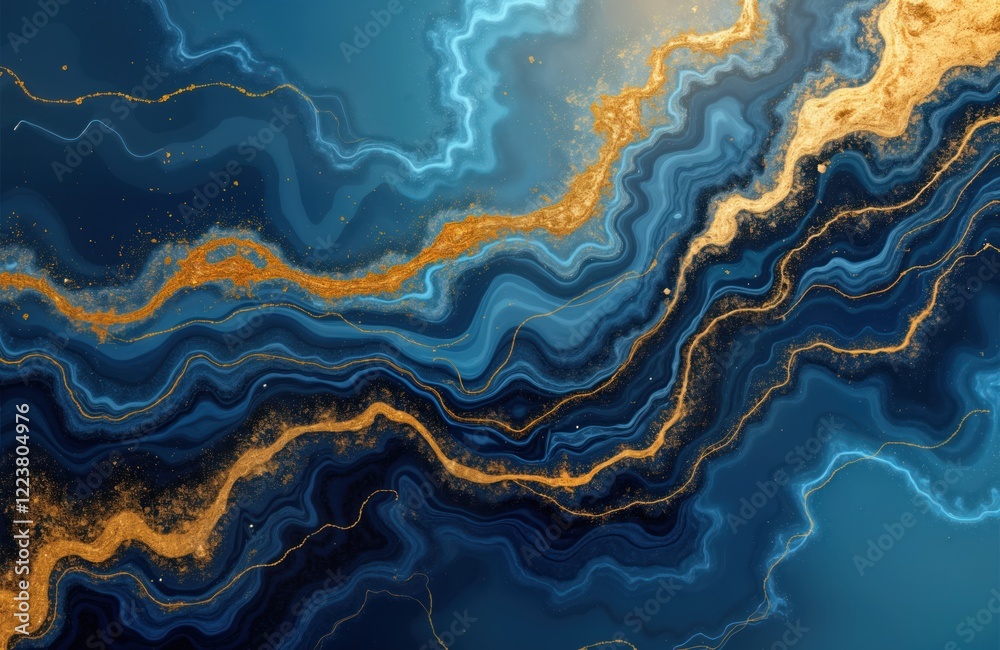 Poster Abstract background design with luxury marble texture in gold, blue tones. Generative AI art creates sophisticated look. Sophisticated design with gold, blue waves. Artistic pattern suitable for