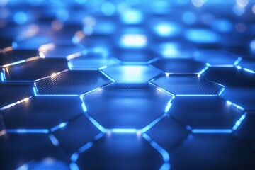 Futuristic blue hexagonal pattern with glowing edges, creating a tech-inspired atmosphere