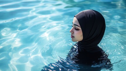 Woman in hijab submerged in a swimming pool