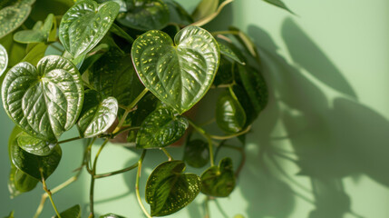 Lush green heart shaped leaves of climbing plant against pastel green wall, casting beautiful shadows. This vibrant foliage adds touch of nature to any space
