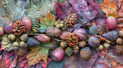 Fototapeta premium vibrant arrangement of colorful leaves, acorns, and pinecones creates stunning autumnal display, showcasing nature beauty and diversity