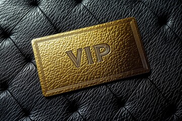 Golden vip card with a textured surface resting on a luxurious black leather background, creating a concept of exclusivity, privilege, and high-end service
