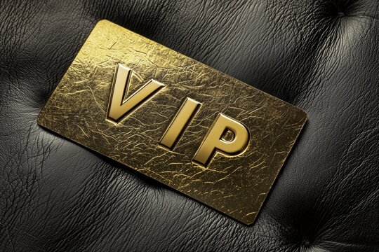 Golden vip card with embossed letters is placed on a black leather surface, representing exclusivity, personalized service, and access to premium experiences