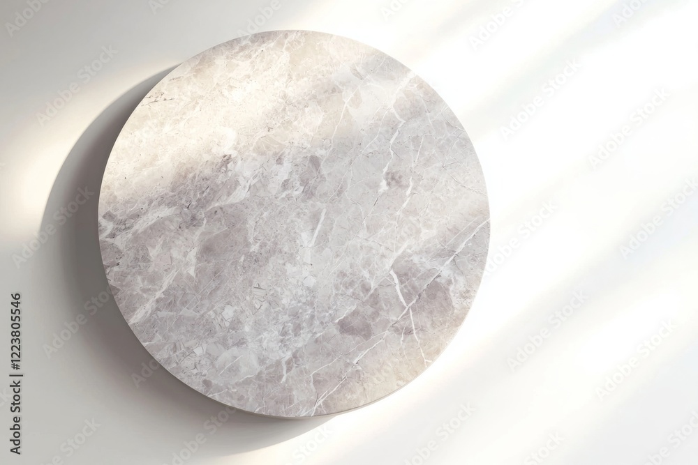 Poster sunlight illuminating a circular marble surface, creating a subtle shadow play on a pristine white b
