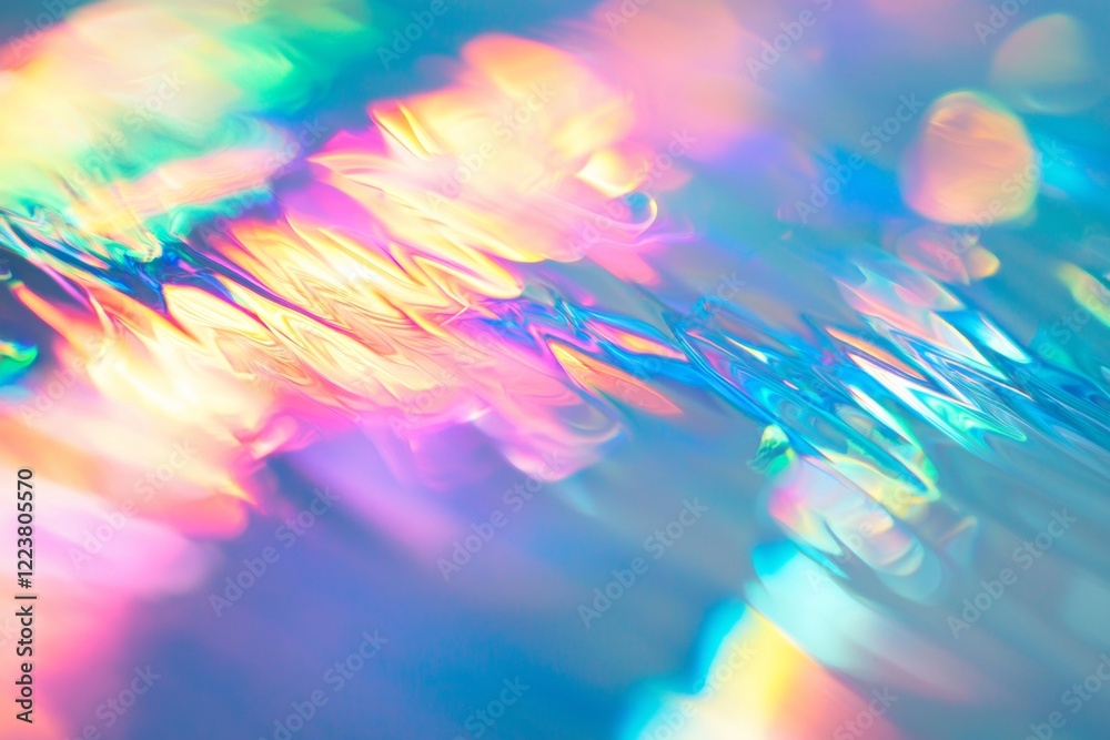 Poster holographic wavy surface reflecting vibrant rainbow colors, creating a mesmerizing abstract texture.