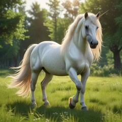 Obraz premium Elegant unicorn mare with flowing mane and tail in a lush green meadow, foal, horse, nature