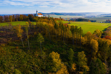 Naklejka premium Autumn views of the Czech Republic. Aerial view of church Panny Marie.