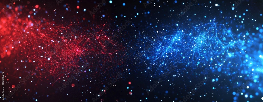Poster Plexus of abstract red and blue particles flowing and connecting, creating a dynamic and visually appealing digital network on a dark background