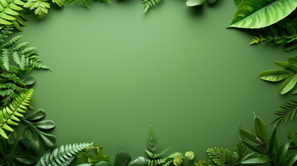 Fototapeta premium vibrant green background framed by various lush green leaves, creating natural and fresh atmosphere. Perfect for nature themed designs
