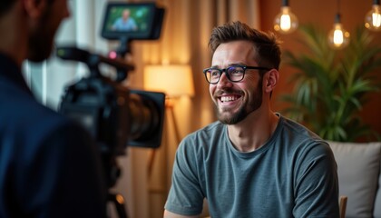 Cameraman films interview with smiling celebrity. Pro tv studio setting. Live interview for news reportage. Person interviewed in relaxed casual clothing. Camera operator works with pro equipment.