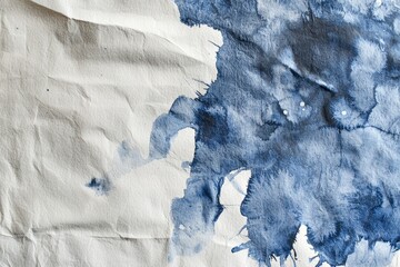 Naklejka premium Ink blot spreading across crumpled paper, forming an intriguing abstract blue shape. Ideal for artistic projects, backgrounds, and creative designs, adding texture and depth