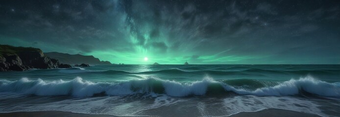 Fototapeta premium Ethereal green blue light dance on starry northern sea waves, blue, nature, aurora borealis