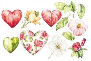 Colorful watercolor hearts and flowers arranged artistically, showcasing nature's beauty and love