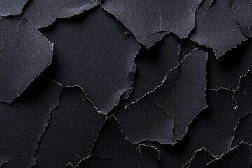 Close-up view of overlapping black torn paper pieces creating an abstract, textured background perfect for dark, moody designs with a grunge elegance