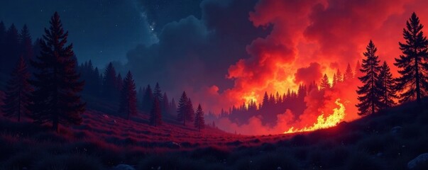 Naklejka premium Flames engulfing forest landscape at night, flames, nature, night