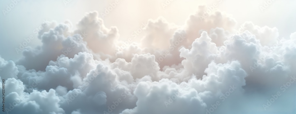 Poster soft white clouds fill sky. gentle light shines through fluffy clouds. beautiful, serene scene. fluf