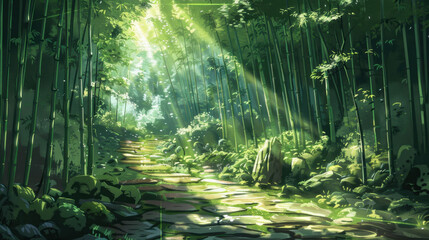 serene bamboo forest with sunlight filtering through leaves, creating tranquil atmosphere. path is lined with stones and surrounded by lush greenery, inviting exploration
