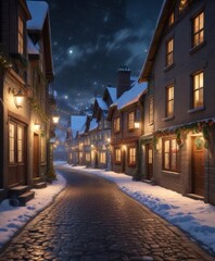 Fototapeta premium Snowy village street with decorated houses and Christmas lights, snow, scenery, christmas
