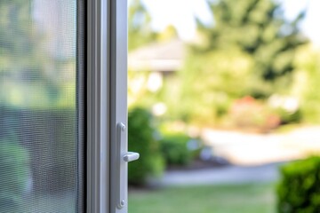 White sliding door with mosquito net slightly open, revealing a blurred view of a sunlit, peaceful green garden on a beautiful summer day, evoking tranquility and nature